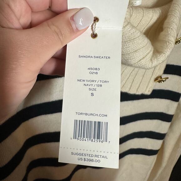 NEW Tory Burch Sandra Cream Striped Turtleneck Cowl Cashmere Sweater Size Small - Picture 9 of 14